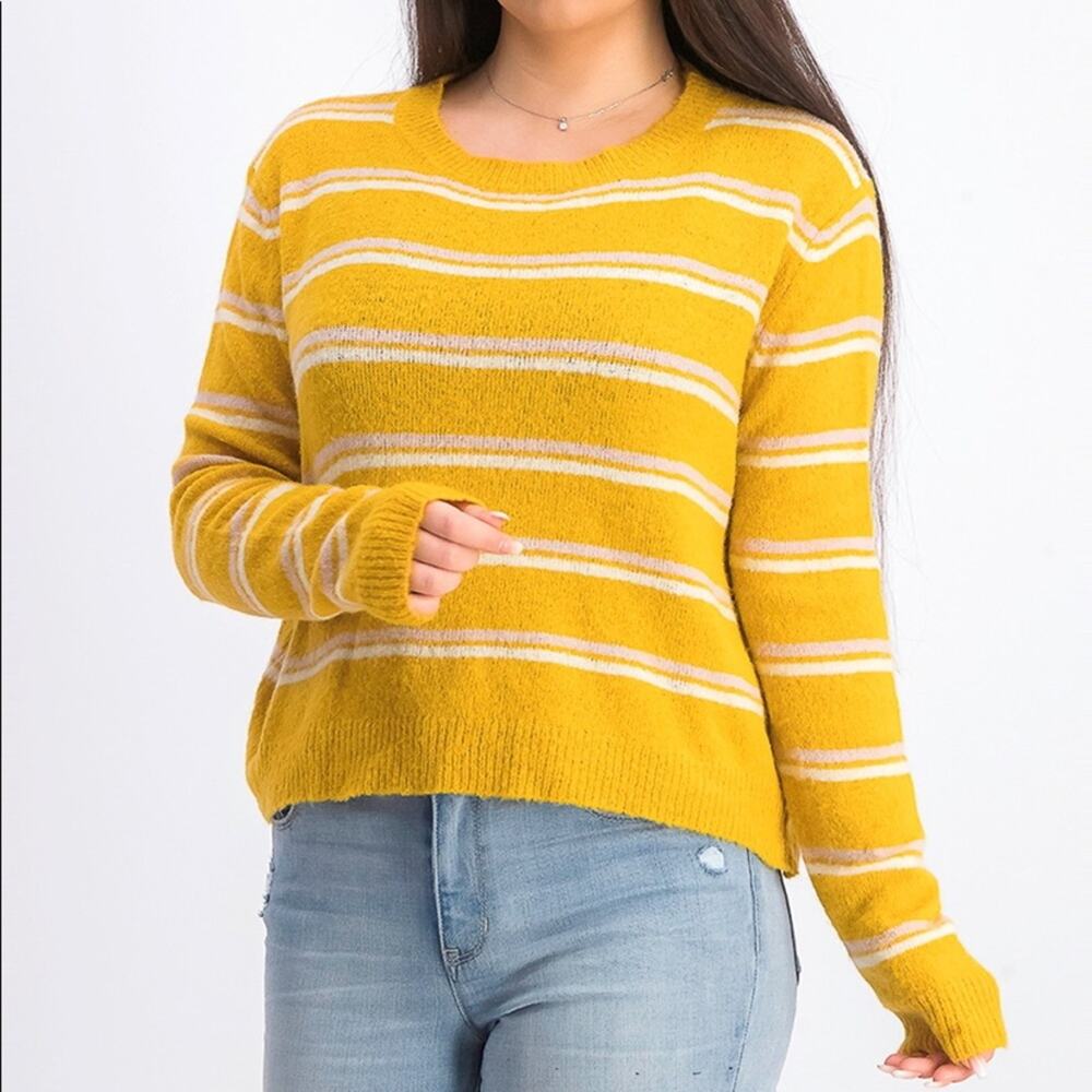 NEW EMORY PARK Sweater Amelia Cropped Pullover Stripes Mustard Yellow Medium
